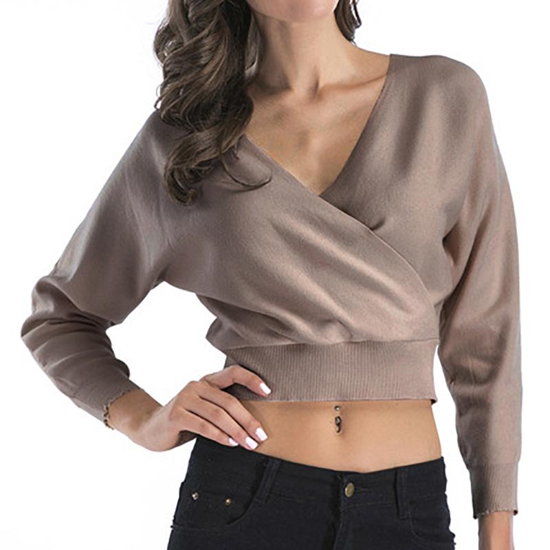 

Women Cross V-Neckline Short Knit Sweaters Winter Pullovers Long Bat Sleeves Knitting Crop Top Knitwear Sweater, Khaki