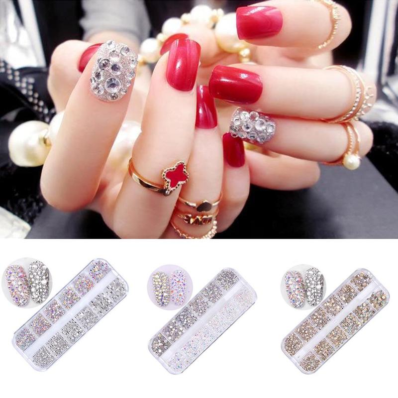 

12 grid/box AB Color Crystal Nail Art Rhinestone Diamond Gold Silver Clear Flat Bottom Multi-size 3D Glitter Nail Art DIY Tool