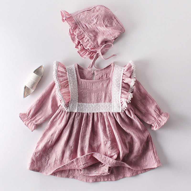 

Girls Romper Dress with Hat Round Neck Cotton Long Sleeve Spring 2021 Comfortable Fabric Lace Baby Girl Dresses 19121101, Fuschia