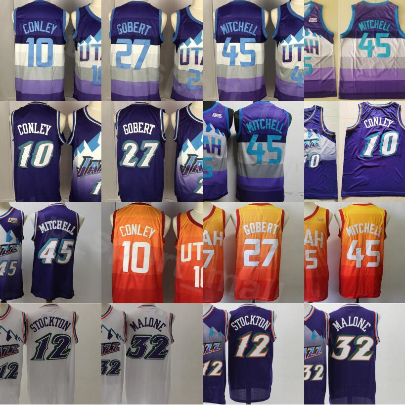 

Men Basketball Karl Malone Jersey 32 Vintage John Stockton 12 Mike Conley 10 Rudy Gobert 27 Donovan Mitchell 45 Purple White Yellow Green, 10 purple