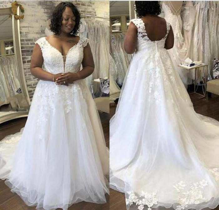 Setwell Décolleté en V A-ligne Robes de mariée manches sexy dos nu dentelle longueur de plancher plus appliques Taille Robes de mariée