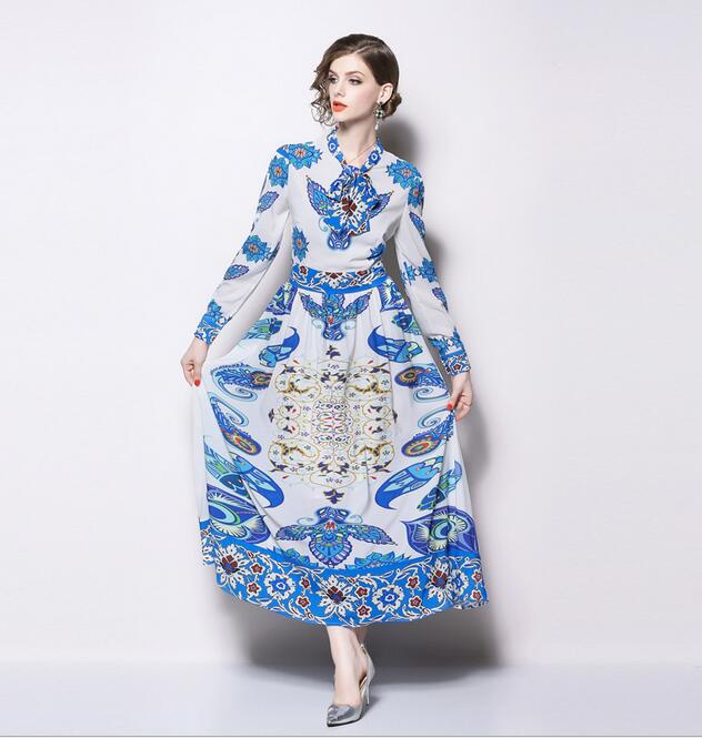 

Blue Dress show women' bow tie long sleeve blue printed pleated Blue and white porcelain dress street style dresses, As the picture