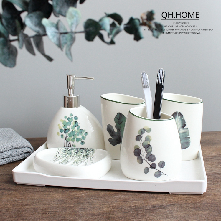 

Nordic green plant ceramic six-piece bathroom products Simple five-piece wedding bath set Bathroom ceramic set melamine tray