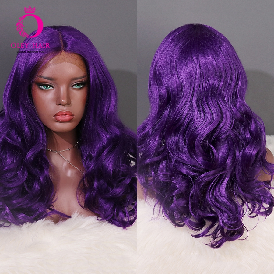 

OLEY High Heat Resistant Middle Part Cosplay Purple Wig Long Wavy Synthetic 13X4 Lace front wig Cheap Wigs For Black Women, Purple color