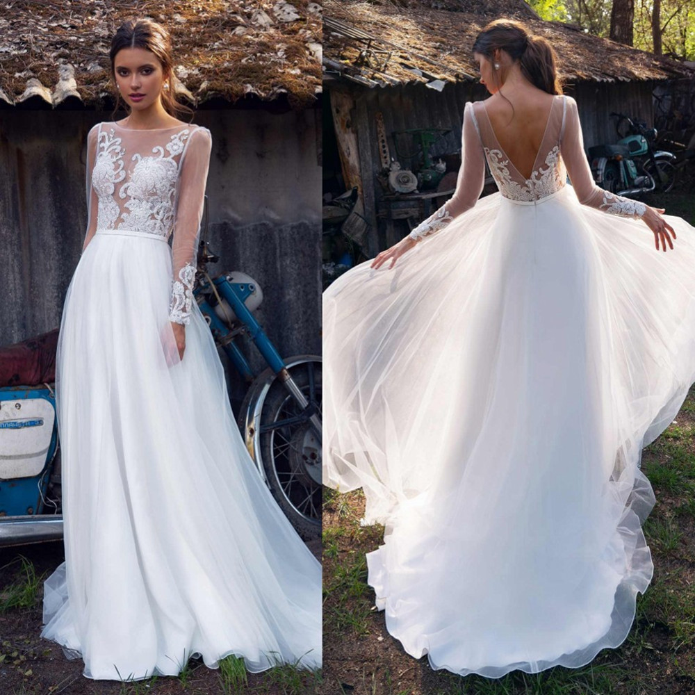 

Papilio Wedding Dresses Long Sleeves Lace Appliques Bohemian Bridal Gowns Custom Made Backless A Line Wedding Dress Robe De Mariee, Ivory