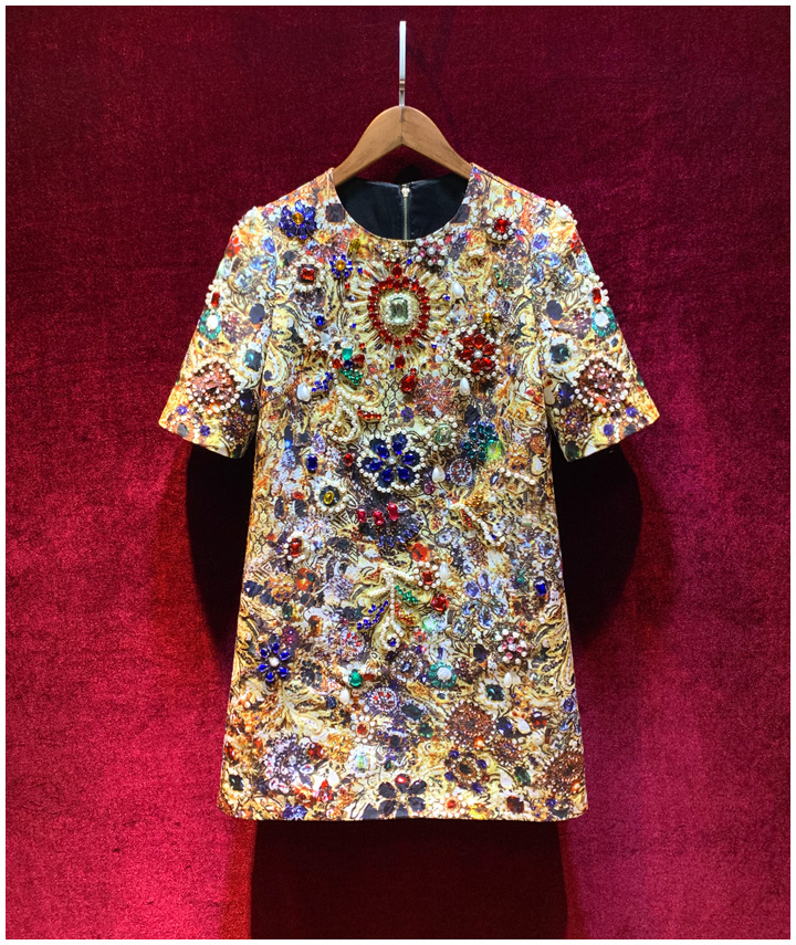 

European and American women' clothing 2020 summer new style Five - minute sleeve retro print heavy nail beads Fashionable dress, Multi