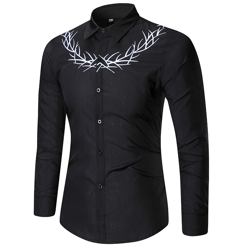 

iSuivivor 2020 Long Sleeve New Slim Fashion Men's Casual Personality Embroidered Shirt Lapel Solid Color Bottoming Shirt, Black
