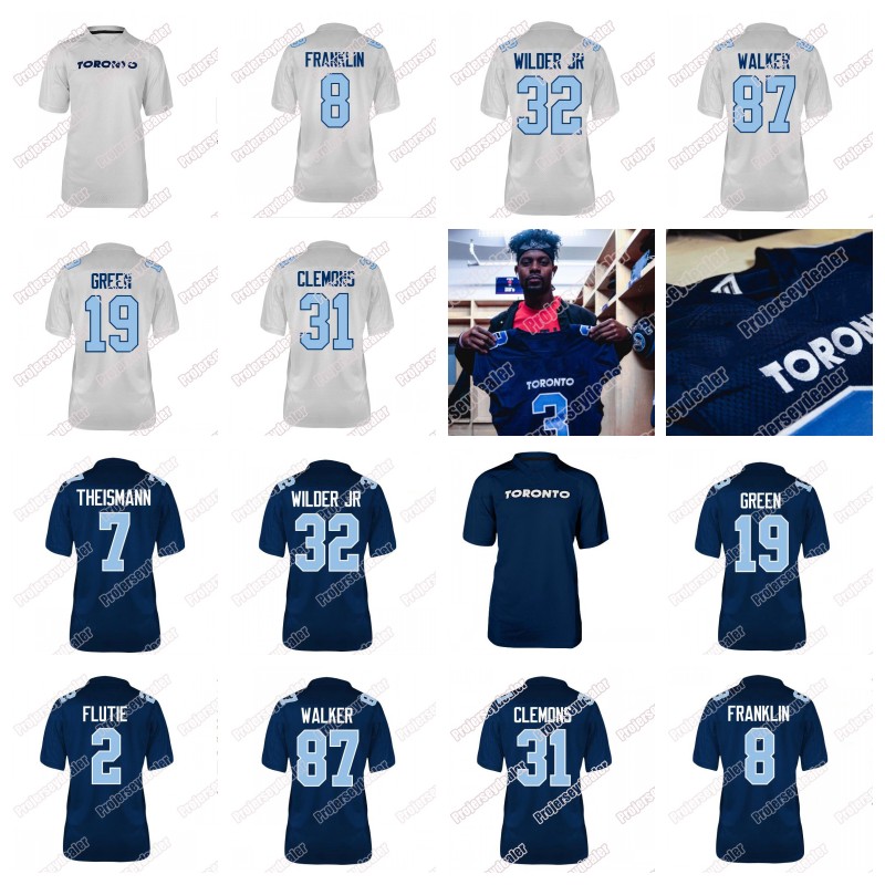 

Toronto Argonauts 9 Dakota Prukop 8 James Franklin 32 James Wilder Jr 4 McLeod Bethel-Thompson 19 S.J. Green 87 Derel Walker Football Jersey, Blue mens s-xxxl