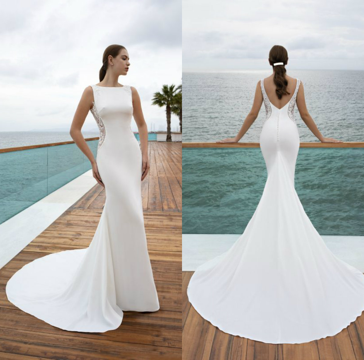 

2020 Elegant Mermaid Wedding Dresses Bateau Neck Satin Appliqued Sweep Train Country Wedding Gowns Custom Made Beach Bride Dress, Royal blue