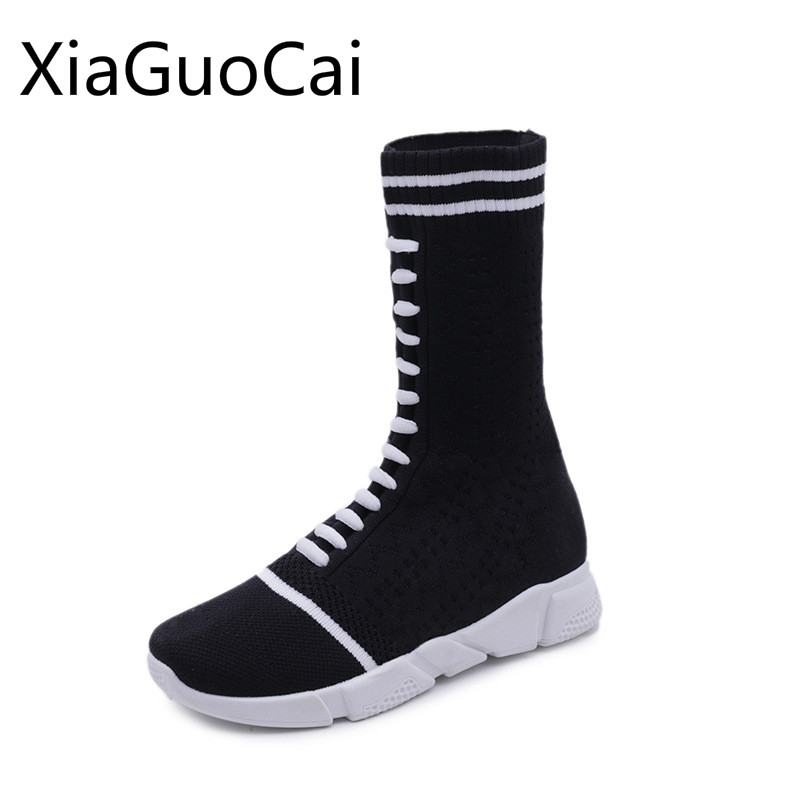 

Autumn European Station Women Boots Knitting Tube Thick Bottom Female Platform Boots Muffin Bottom Fashion Socks, Black