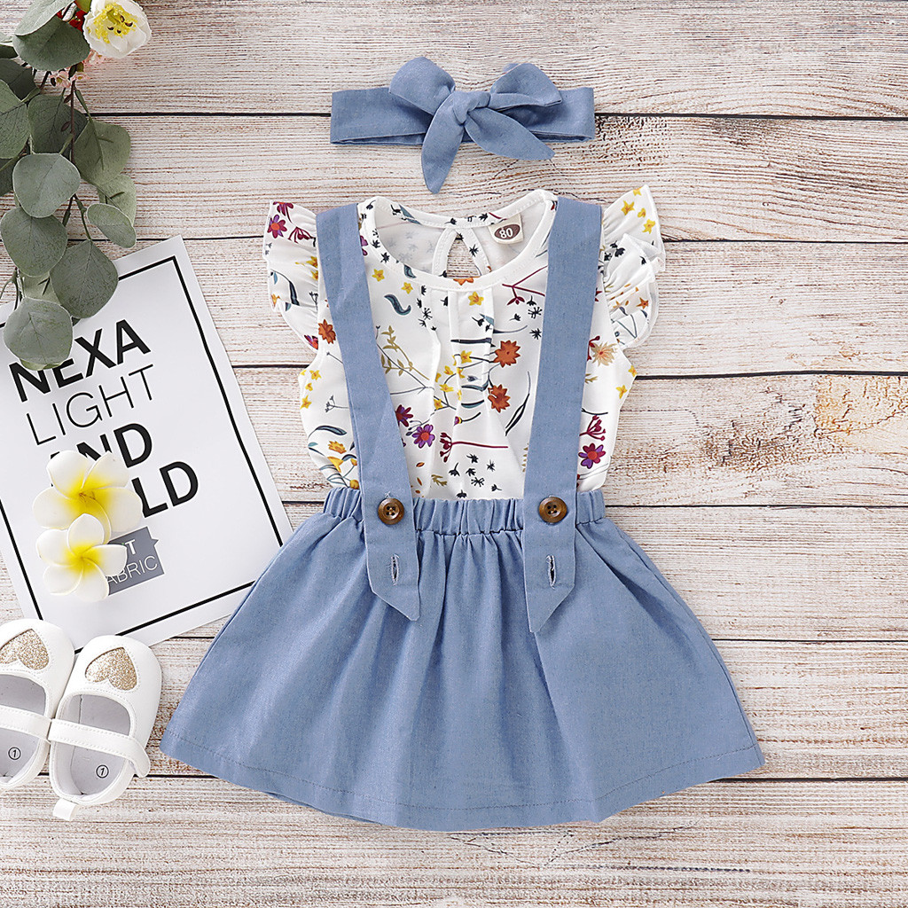 

3pcs Newborn Baby Girl Clothes Short Sleeve Floral Shirt Top+strap Dress+headband Toddler Baby Clothing Summer Cute Outfits Set, Sky blue