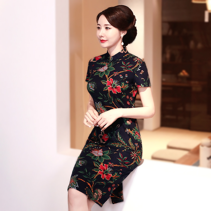 

Sheng Coco Ladies Navy Blue Linen Cotton QiPao Chinese Oriental Dress Print Short Sleeve Vintage Cheongsam Short Party 5XL