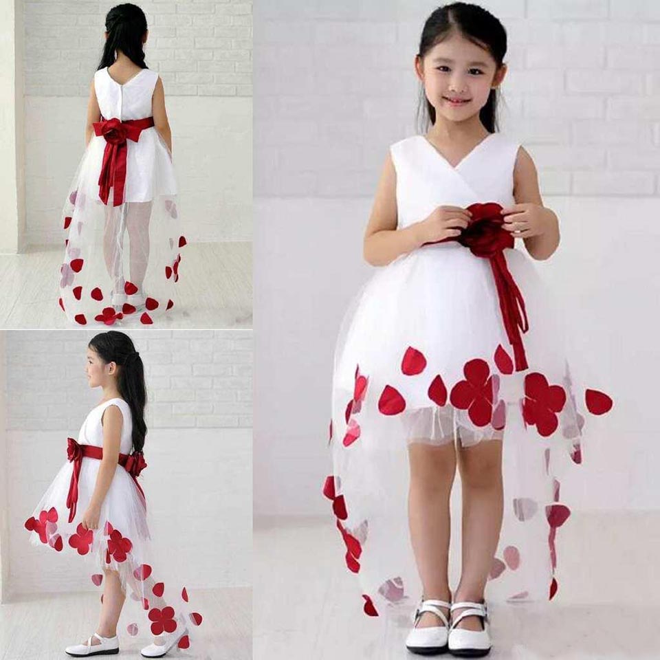 Fleur Rouge Appliques Filles Pageant Robe Haut Bas Tulle Une Ligne Courte Devant Long Dos Petites Filles Soirée Robe De Soirée Enfants Robes De B