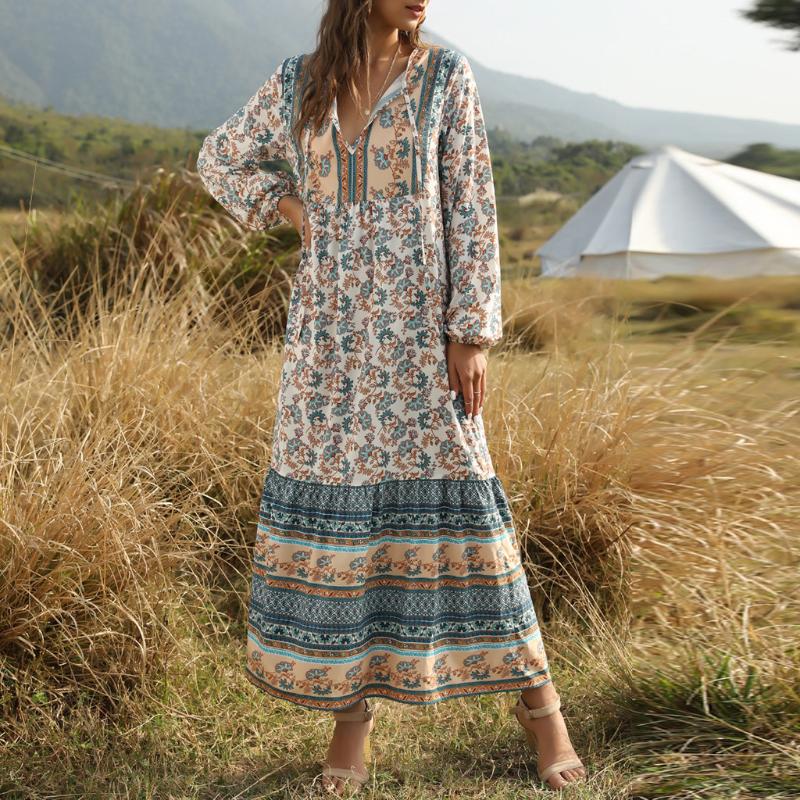 

2020 New Fashion Loose Casual Boho Print Dress Women' Floral Print Patchwork Lace Up V-Neck Long Sleeves Long Dress