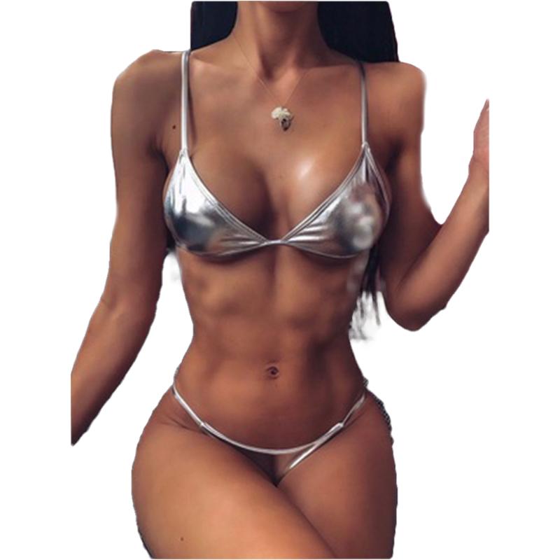 

Hirigin Sexy Bikini Set Pure Silver Gold Sequinis Biquini Women Swimwear 2Push Up Padded Women Bathing Suit -L