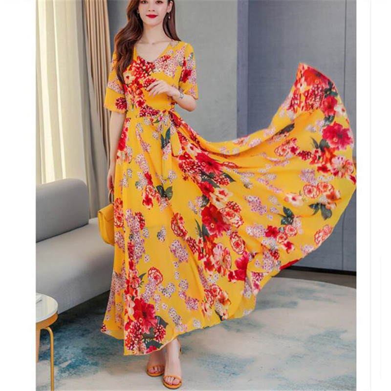 

2020 summer new chiffon printing fashion V-neck ruffle sleeve temperament elegant beach long dress, Black
