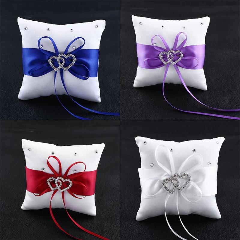 

Satin Polyester Belt 1 Pcs Ring Bearer Pillow Ring Pillows for Wedding Vintage White Bowknot Double Heart Rhinestone Style