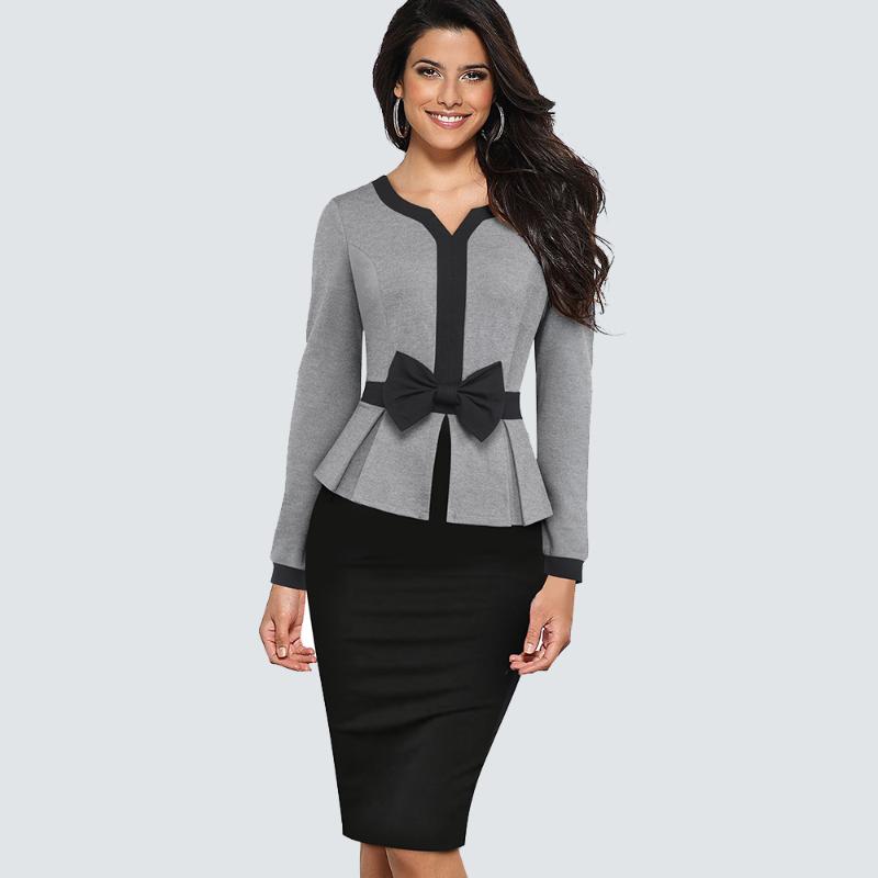 

Autumn Brief Bow Patchwork Business Slim dress Elegant Classic Office Lay dress HB554, Gray