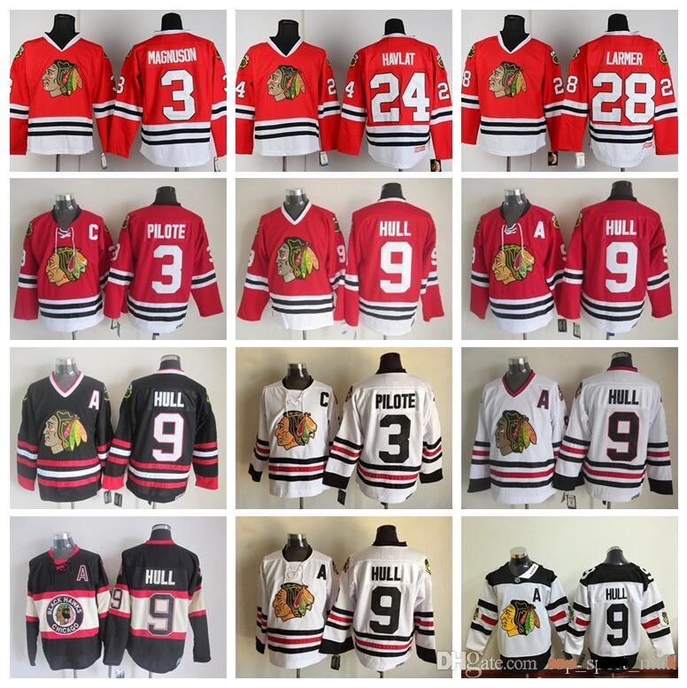 

Men 9 Bobby Hull Jersey Hockey Chicago Blackhawks Vintage CCM 3 Pierre Pilote 24 Martin Havlat 28 Steve Larmer Red White Black, Colour 3