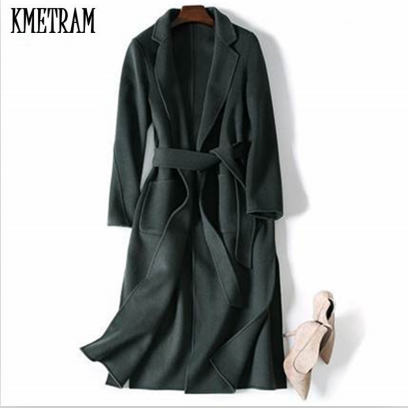 

KMETRAM 2019 Autumn Winter Vouge Women' Wool Coat 100% Double Side Wool Overcoat Stand Collar Slim Manteau Femme Hiver HH559, Black