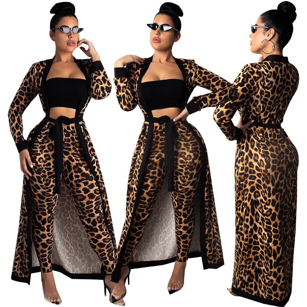

Womens 2 Piece Leopard Print Outfits Clubwear Long Sleeve Open Cardigan Long Pants Set Nightclub Party Set, Multi