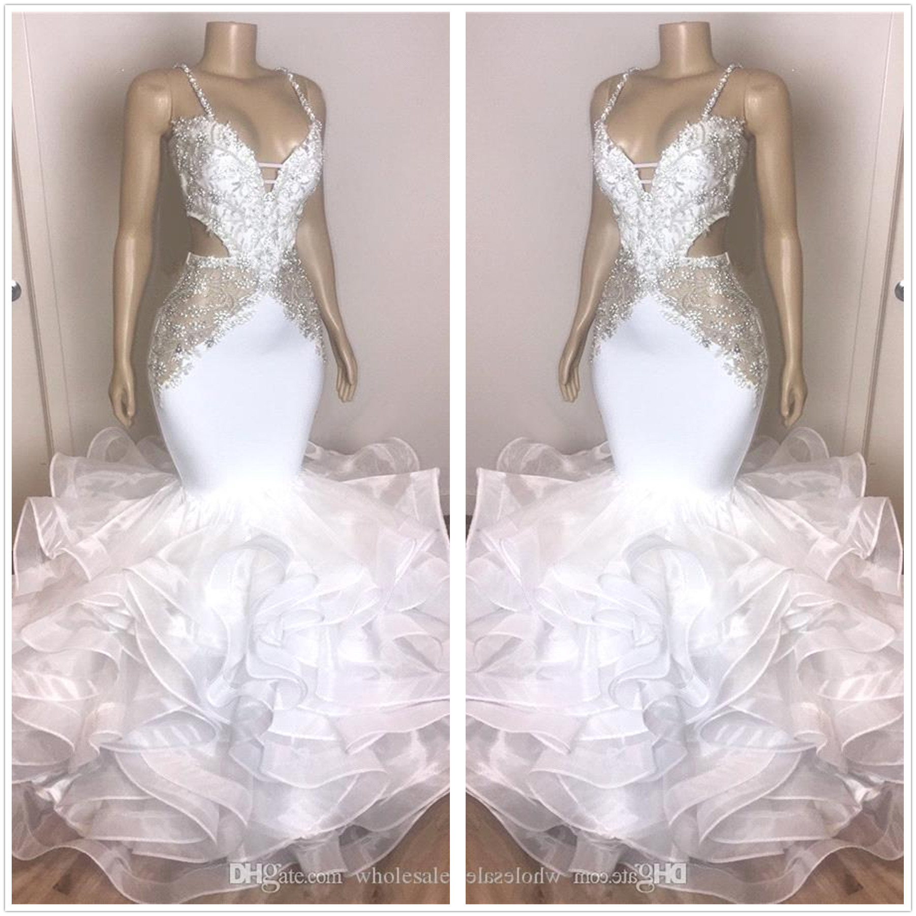 

Sexy Spaghetti Straps Organza Mermaid Prom Dresses 2020 Lace Applique Tiered Ruffles Beaded Formal Evening Party Gowns Black Girls BC3422, Daffodil