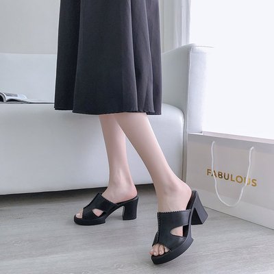 

High heel slippers women 2020 summer new European and American breathable wearable fashion outer wear, Black