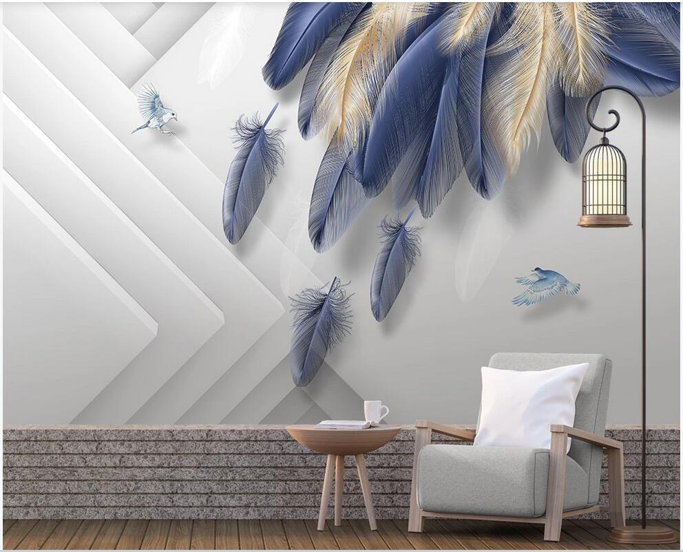 

custom photo 3d wallpaper 3D space Fashion hand painted golden blue feather geometric background wall paintion wallpaper for walls 3 d, Non-woven wallpaper