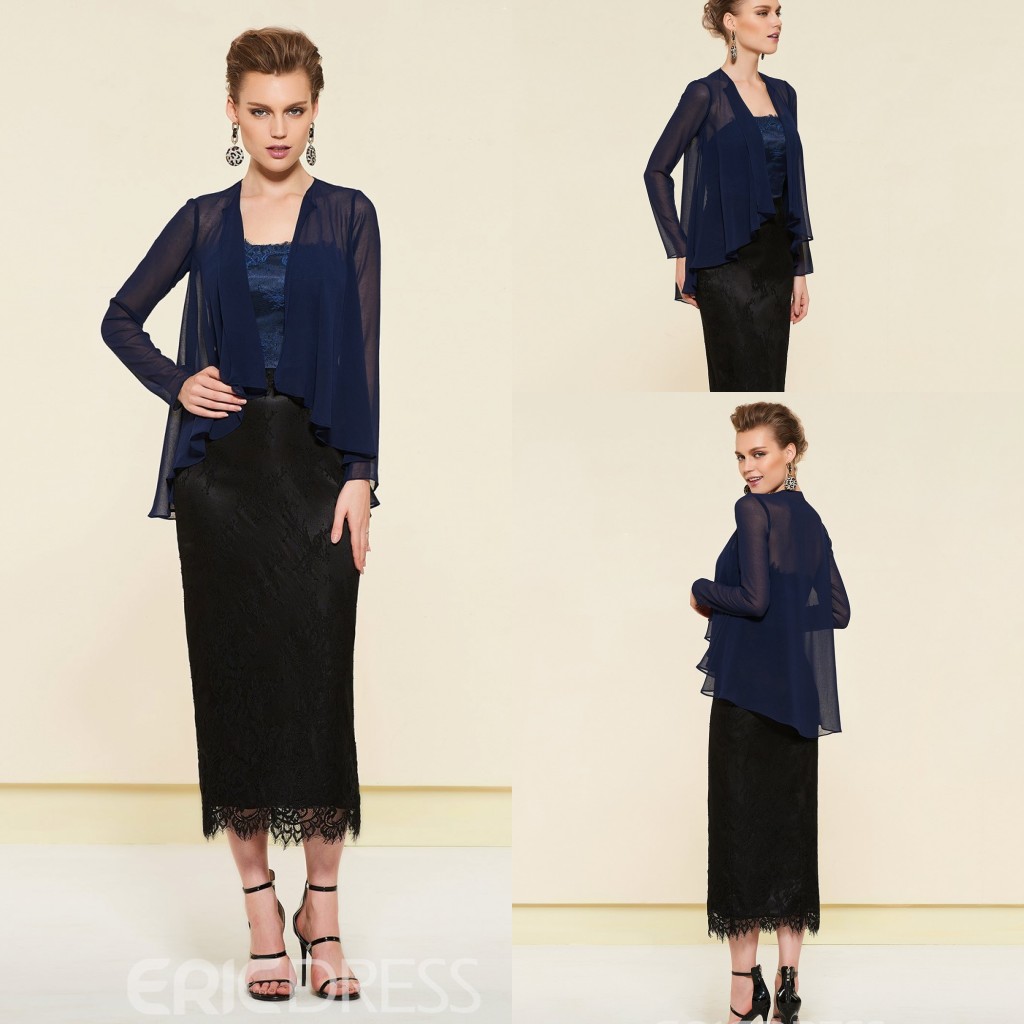 

Cheap Sheath Mother of The Bride Dresses With Jacket Strapless Sleeveless Wedding Guest Dress Lace Applique Tea Length Evening Gown