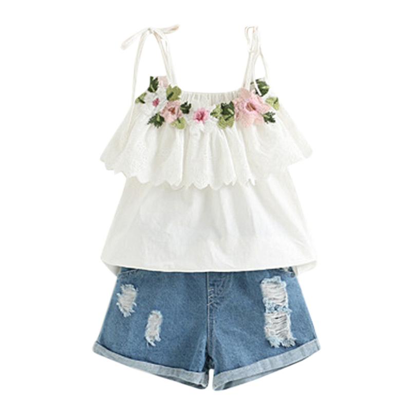 

Toddler Clothes Embroidery T-shirt+Denim Shorts Jeans Kids Baby Girl Outfits Clothes Embroidery T-shirt+Denim Shorts Jeans Set, White