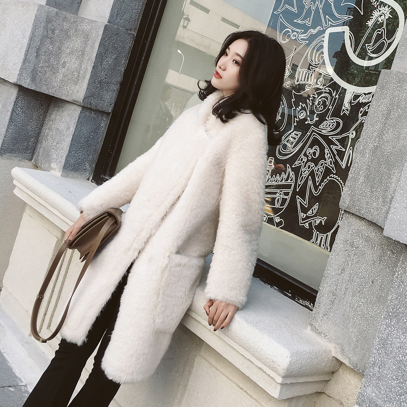 

Womens Real Fur Coat 2020 Fall Winter New Australia Lamb Fur Coats Female Korean Style Long Sleeve Warm Jackets, White