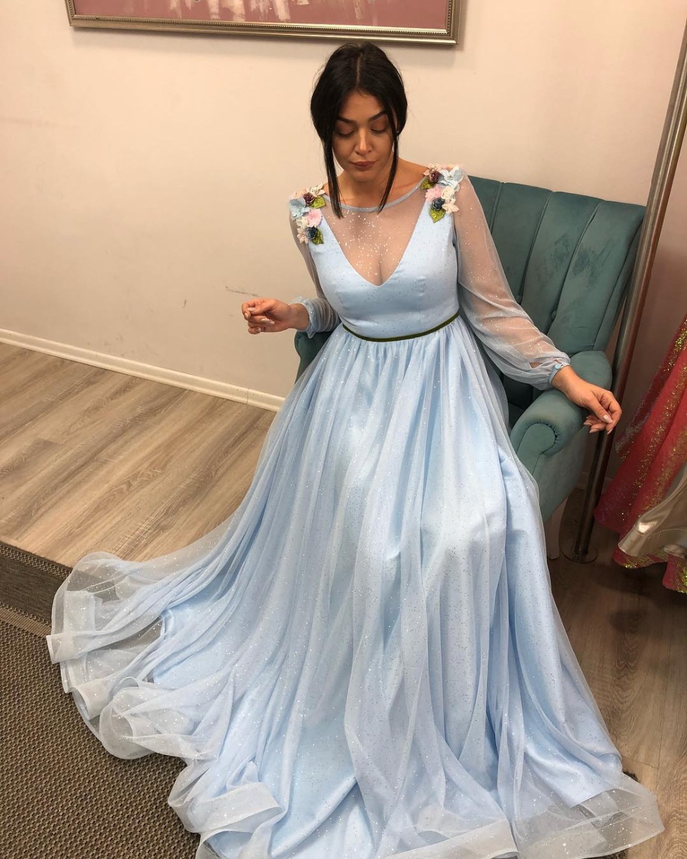 

Long Sleeve A Line Formal Evening Dress Flowers Glitter Plus Size Tulle Light Blue Prom Dresses Elegant Party Gala Vestidos Gown, Lavender