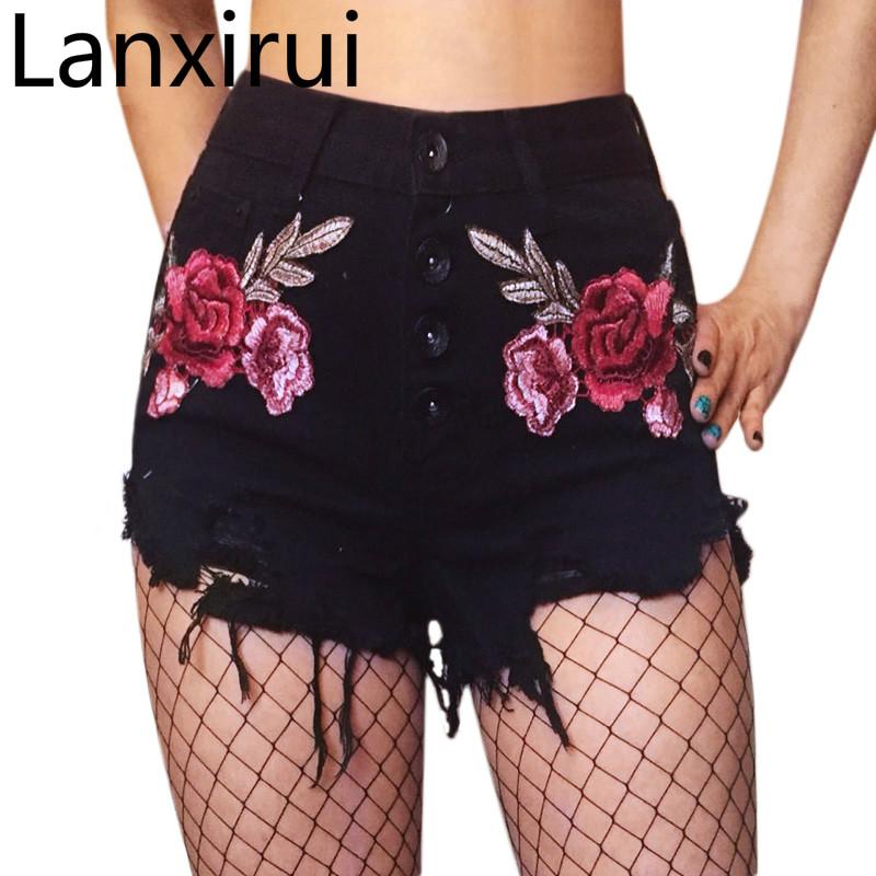 

Flower Embroidery Denim Shorts New Arrival Women ' Black Vintage Tassel Ripped High Waist Shorts Punk Short Jeans 2110