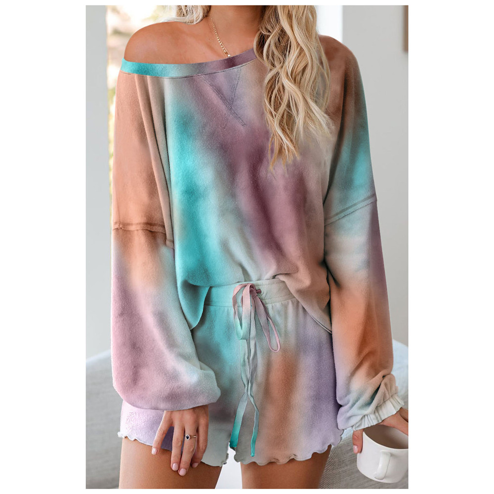

2020 Summer Round Collar Home Clothing Suits Cozy Women Lady Color Print Long Sleeve Shirt With Short Comfortable Home Wear Set