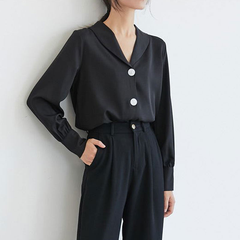 

Women Black Tops Blouses Spring Autumn Elegant Long Sleeve Solid V-Neck Chiffon Blouse Work Shirts Office Plus Size Blusas