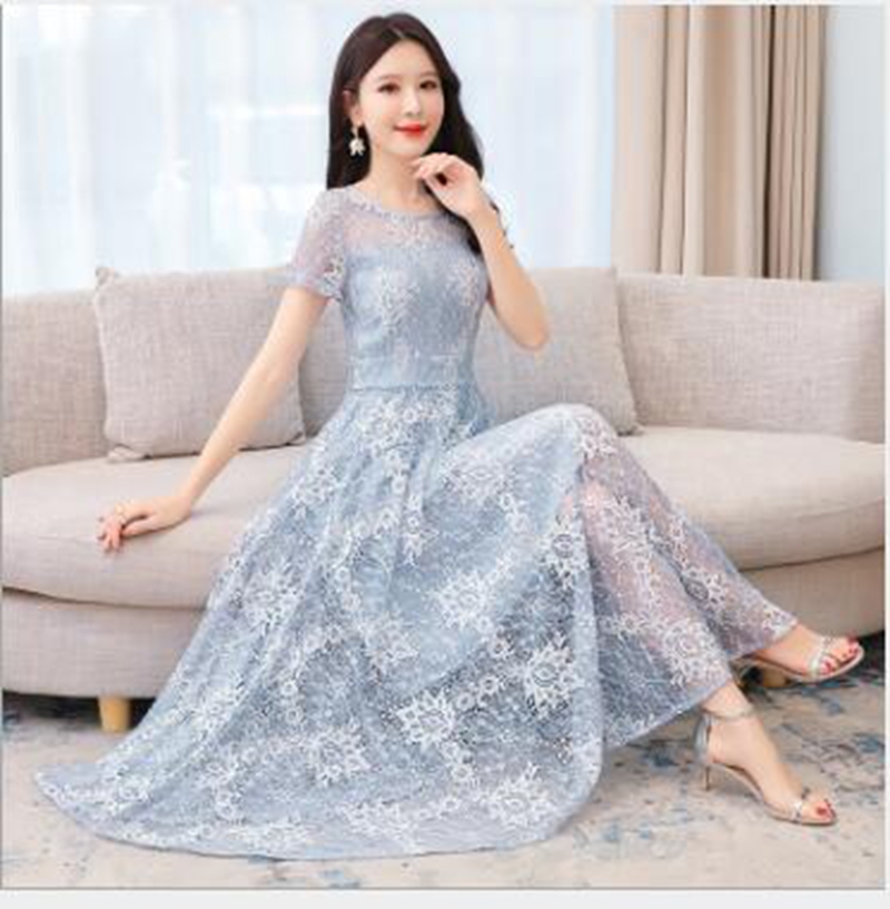 

Wholesale women's spring and summer new slim slimming long-sleeved short-sleeved lace big swing beach knee dress, 1#