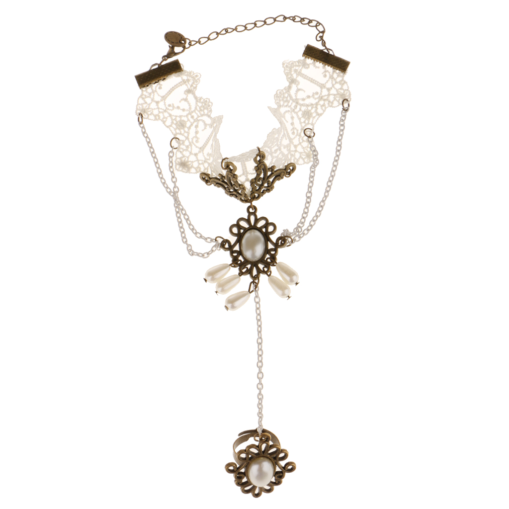 

Retro Vintage Gothic Punk Style Lace Beads Slave Bracelet Ring White, Golden;silver