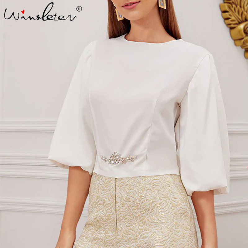 

White Blouse Women Summer Tops Diamond Decoration Lantern Sleeve Half Sleeve Back Button Short Shirt Pullover ropa mujer T03001W