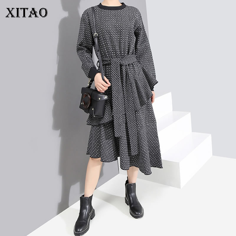 

XITAO Cross Border Pleated Irregular Dress Women Pullover Bandage Elegant Small Fresh Pullover Small Fresh Dress DMY1740, Black dmy1740