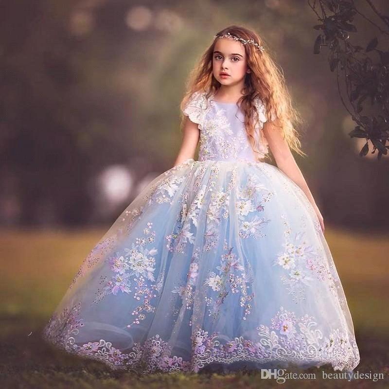 

Princess Colorful Appliques Embroidery Sequins Flower Girls Dresses 2018 Ball Gown Cap Sleeves Arabic Party Wedding Dress For Kids, White