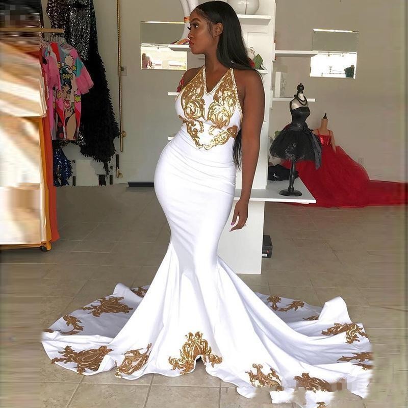 

2020 Sexy Mermaid Sweep Train Evening Formal Dresses Gold Applique Sequins Halter V-neck African Plus Size Special Occasion Prom Party Gowns, Hunter green