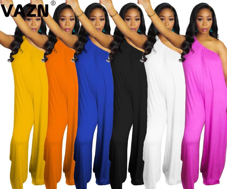 

VAZN Popular 2020 summer sexy lady 6 colors solid long straight jumpsuit one shoulder guazy jumpsuit lady high street, Black