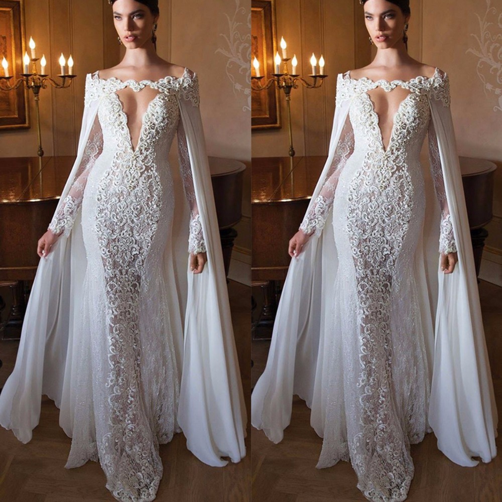 

Special Design With Cape White Appliques Lace Evening DResses Long Women Formal Gown Evening Gowns Deep V Long Mermaid Dresses, Beige