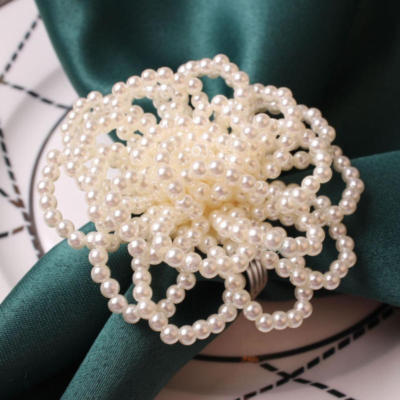 

TAI Top 12Pcs Pearls Braid Flower Napkin Rings Wedding Party Beads Rose Towel Buckle Napkin Holder Hotel Dinner Table Decor