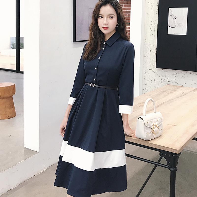 

Plus Szie Women Dresses Vintage Harajuku Sexy Long Dress 2020 Summer Long Sleeve Splice Black Dress Female Vestido Ropa Mujer, Navy blue