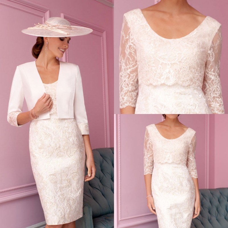 

Newest Sheath Ispirato Mother of The Bride Dress Jewel Neck Long Sleeve Tulle Lace Applique Wedding Guest Dresss Knee Length Evening Gown