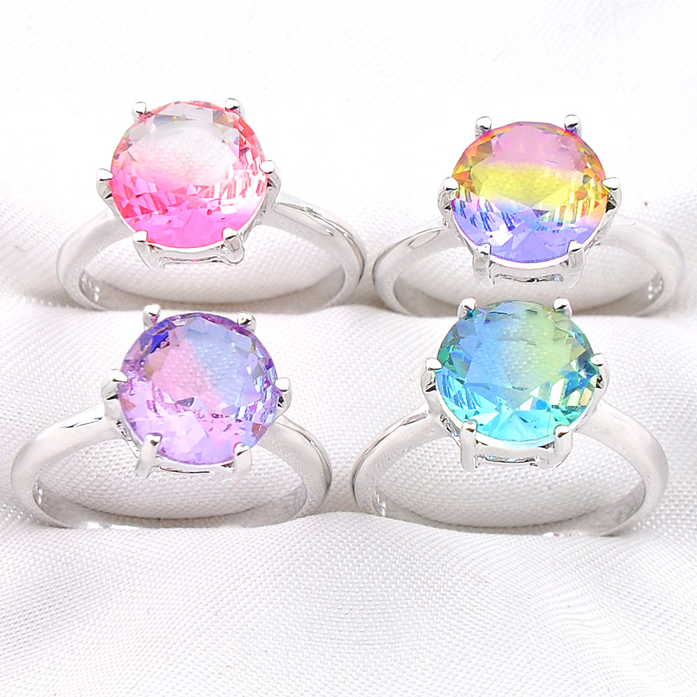 

Luckyshine 10pcs lot 925 Sterling Silver Plated Round Bi colored Tourmaline Gems Colorful Cz For Women Ring Gift Party Holiday Jewelry Ring