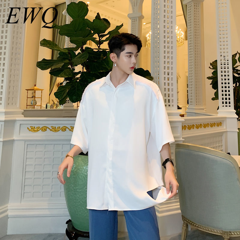 

EWQ / men's wear black white korean trend large size shirt male 2020 summer new patchwork tassel loose half sleeve tops 9Y1806