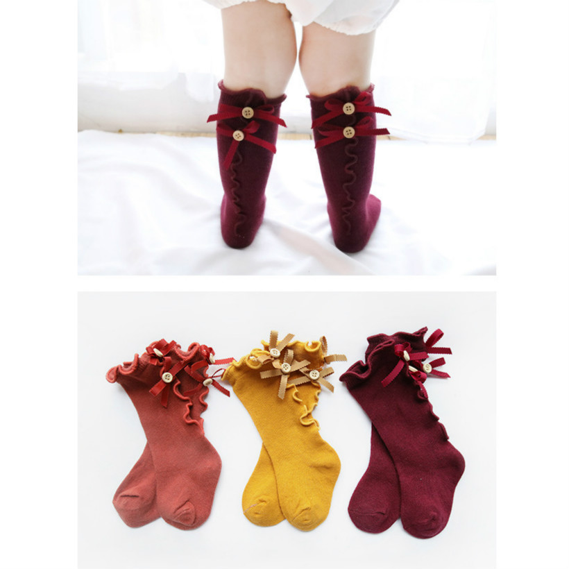 

2020 Baby Girl Luxury Socks Fashion Solid Color Bow Tube Stocking Fungus Laces Kids Socks Kids Socks 10 Colors, Black