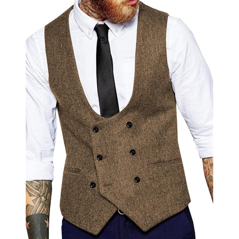 

Mens Slim Business Brown Waistcoat Champagne Wool Herringbone Tweed Suit Vests Custom Made Business Formal Vest For Wedding 2020, Black